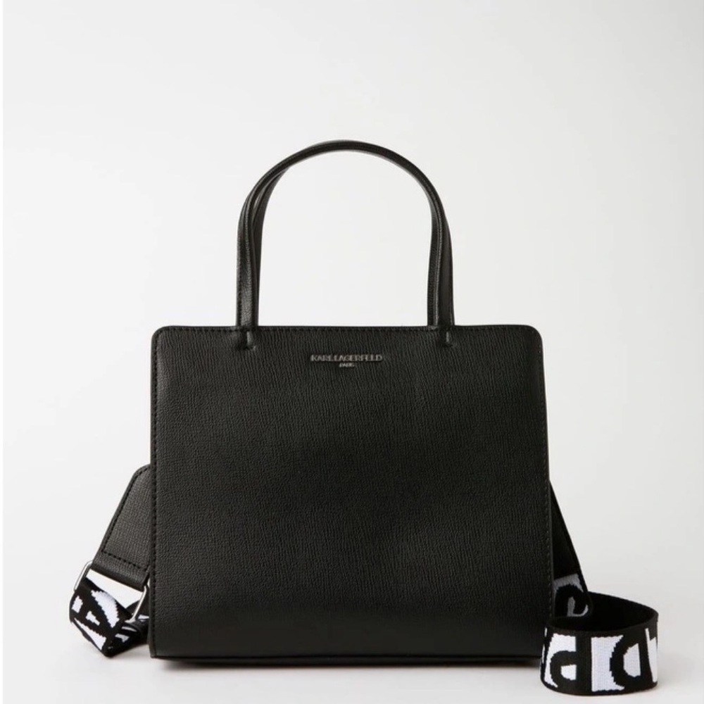 Karl Lagerfeld Black Leather Crossbody Tote with Logo Strap
